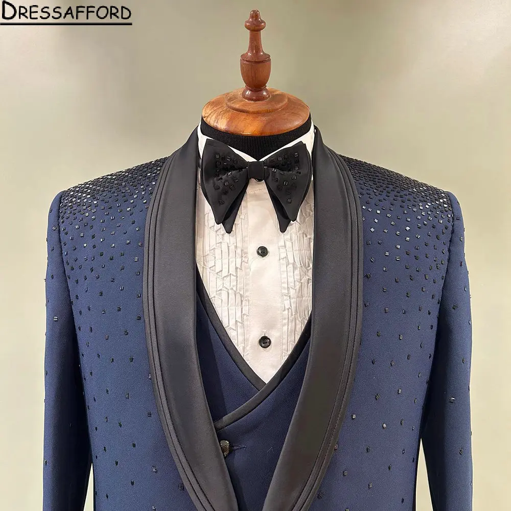 Blue Glitter Crystal Groom Wedding Tuxedos 2 Pieces Formal Suits Men Custom Made Black Prom Blazer Sets Male Fashion