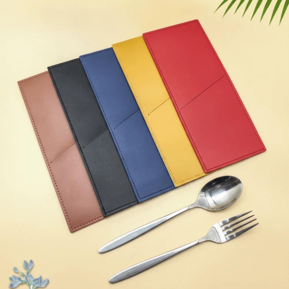 Durable PU Leather Cutlery Pouch Stitched Edges Open Pocket Flatware Sleeve Reusable Utensil Holder Protective Storage
