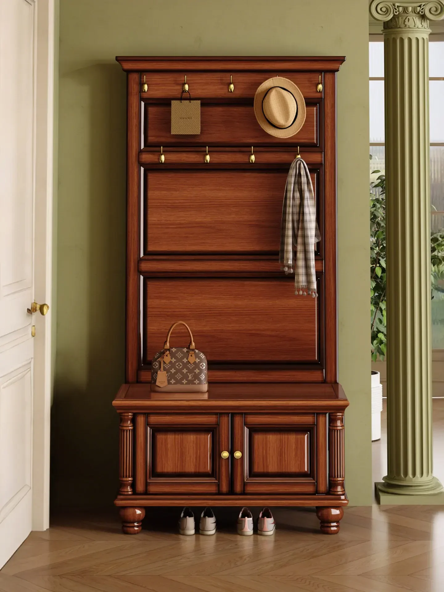 d1 American solid wood floor-to-ceiling bedroom cloakroom multi-functional coat rack integrated