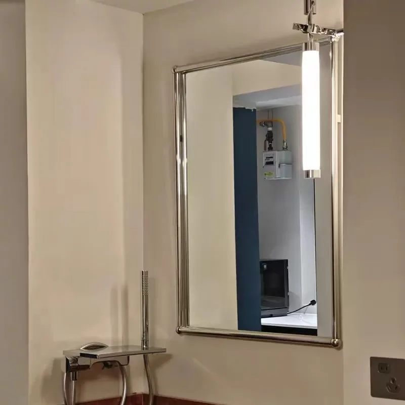 French Retro Irregular Wall‑Mounted Bathroom Mirror, Square Stainless Steel Framed Vanity Mirror Hotel, Homestay&Washroom Decor