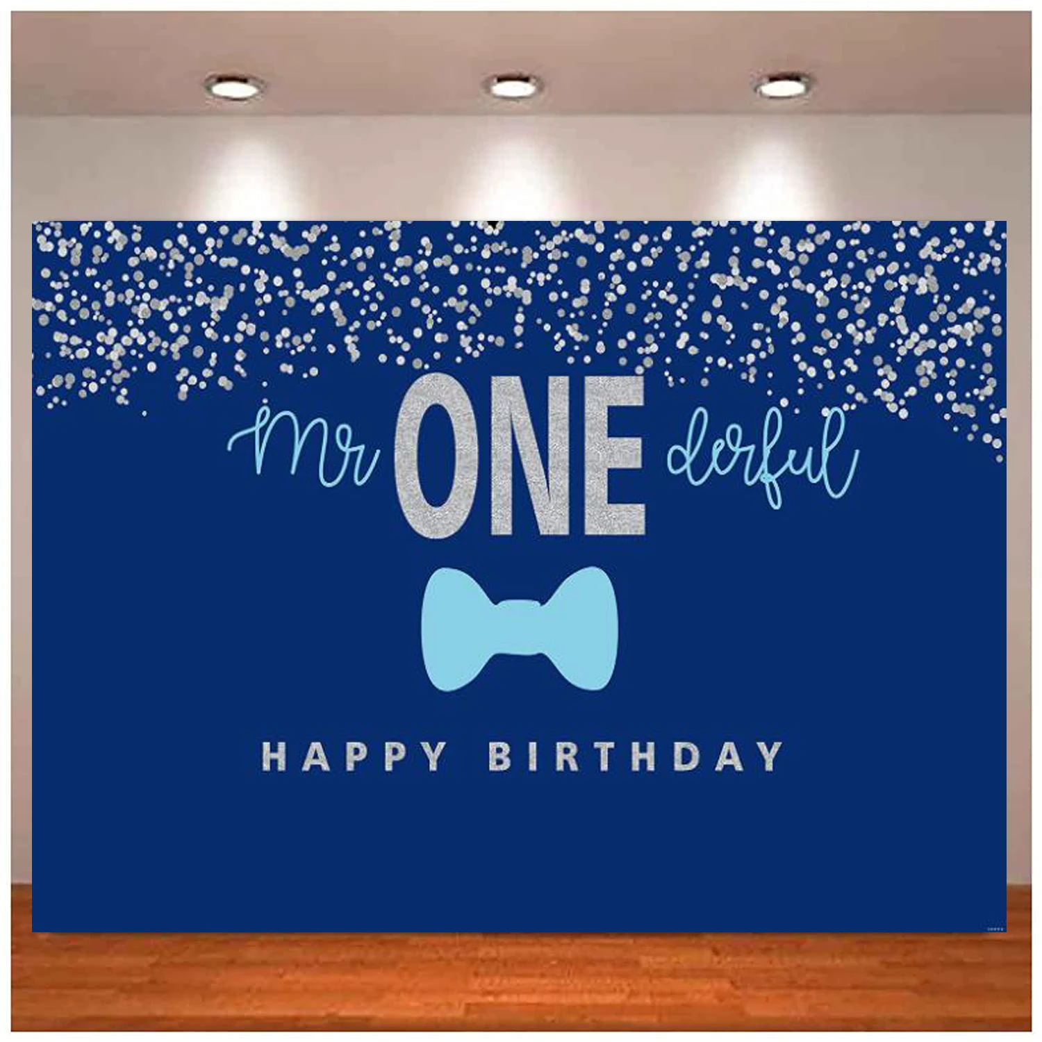 Mr Onederful Photography Backdrop Bow Tie Blue And Silver Background Baby Shower Boy Toddler Little Man First Birthday Decor