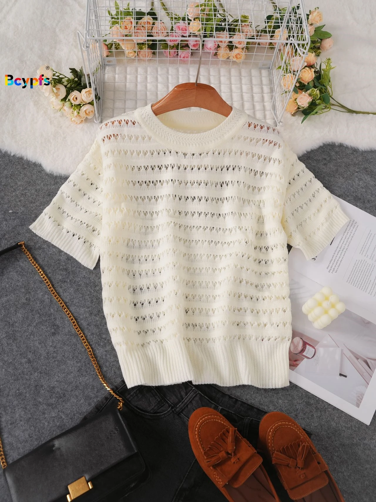 

Женский вязаный топ с короткими рукавами цвета слоновой кости, белое кружево, свободная посадка, дышащая повседневная повседневная офисная одежда для свиданий, 2026, весна-лето