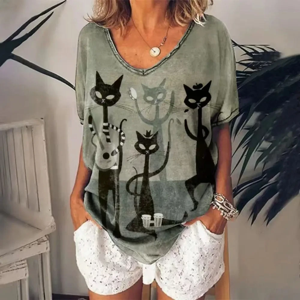 Summer Casual V-neck Women\'s T-shirt Cat Print Short Sleeve Tees Top Loose Vintage Women\'s Streetwear Oversized Y2k Clothing