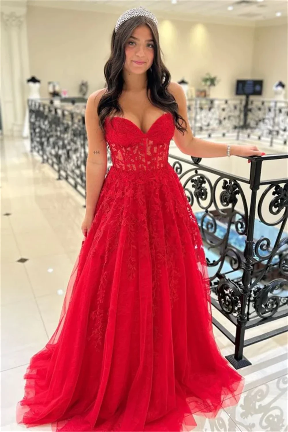 Jessica Sweetheart Red Prom Dresses Embroidered Tulle Bride Elegant Evening Dresses A-shape Cocktail Dresses Vestidos De Fiesta