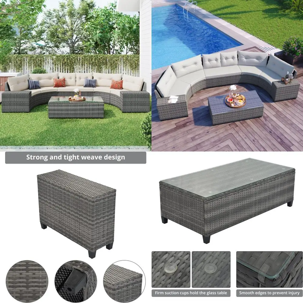 

8-Pieces Outdoor Wicker Round Sectional Curved Sofa Set with Rectangular Coffee Table, PE Rattan Water-Resistant and UV Protect