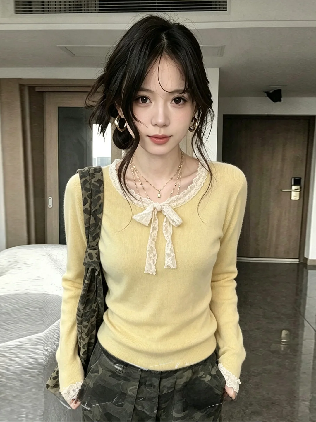 

Korean Style round Neck Lace Trim Knitted Sweater Women's Casual Slim Fit Long Sleeve Soft Polyester Top for Autumn Winter