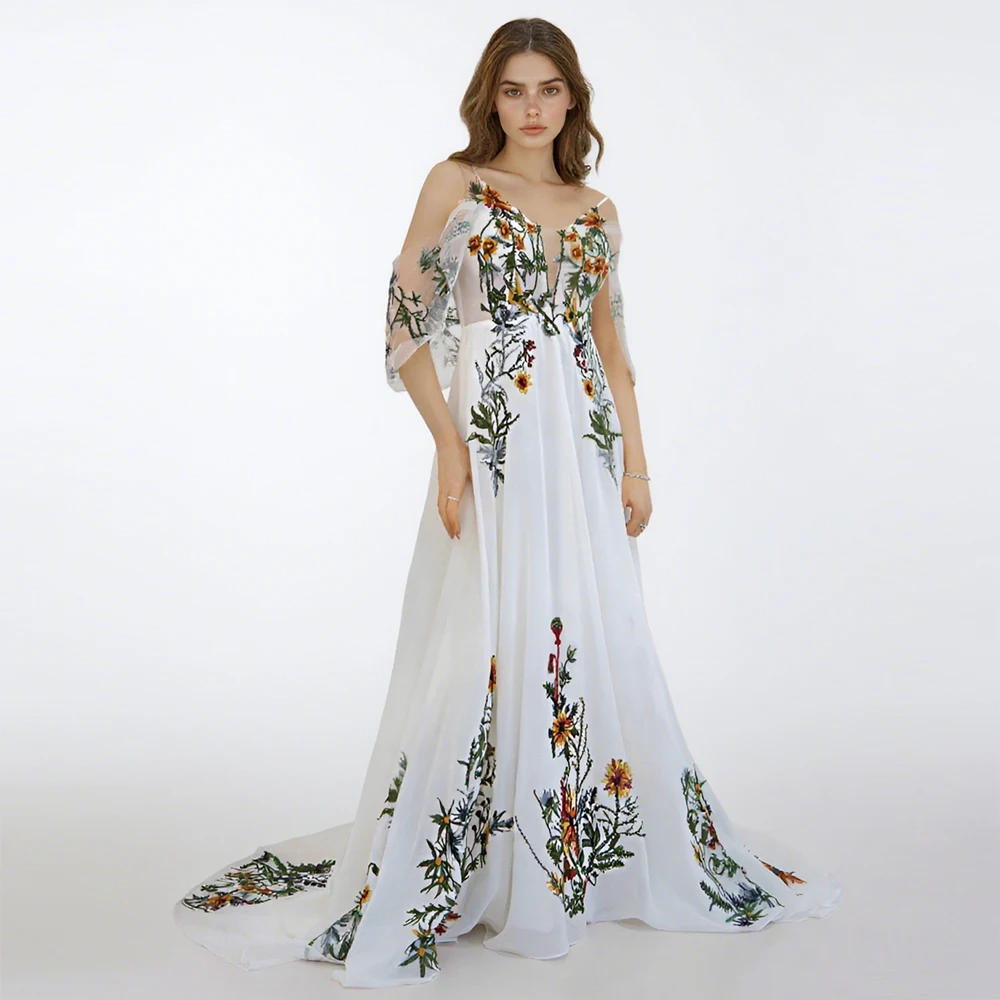 

Boho Colorful 3D Lace Party Dresses for Special Occasions Evening Dresses with Short Butterfly Sleeves Wedding Gowns