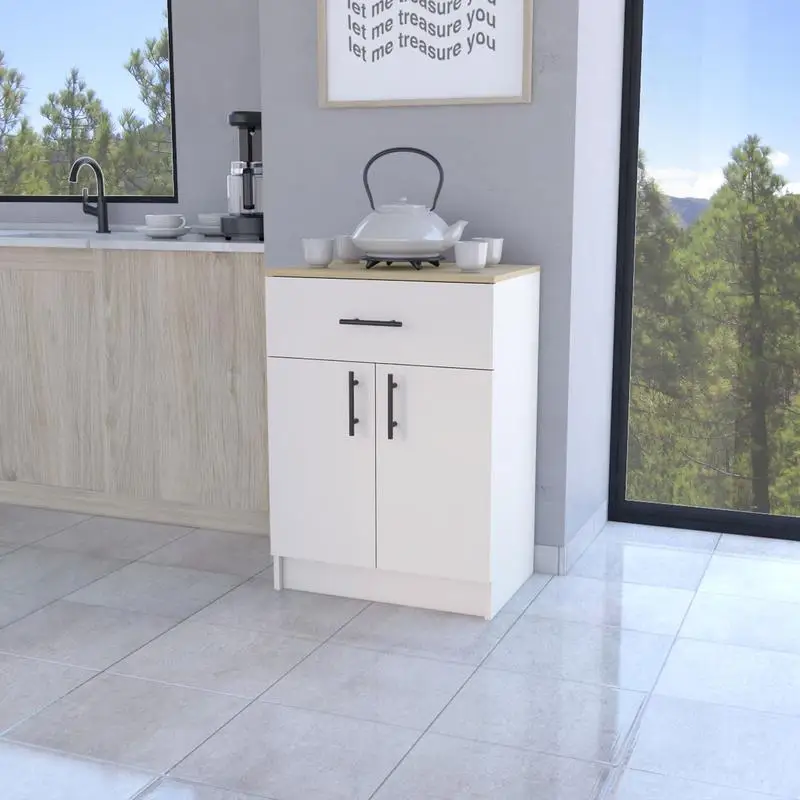 Despensa de cocina Cope en melamina con 2 puertas y 1 cajón, acabado marfil y roble natural