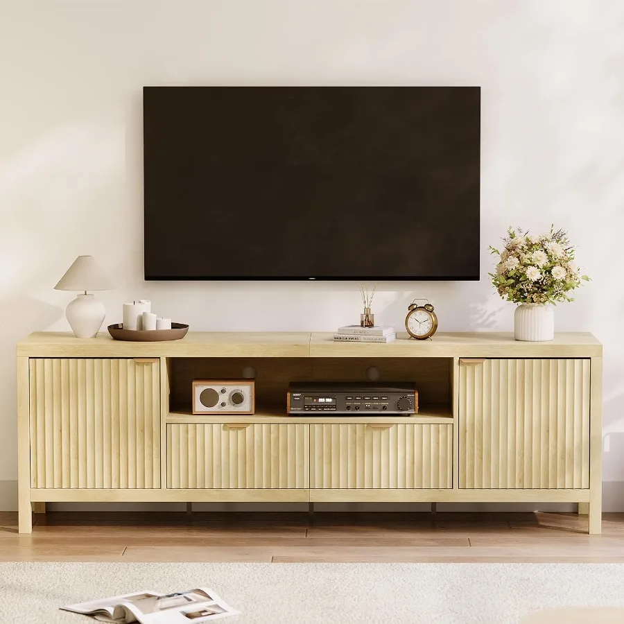 Fluted TV Stand for 65/75 Inch TVs, engineered wood, matte black, adjustable shelves and cable management