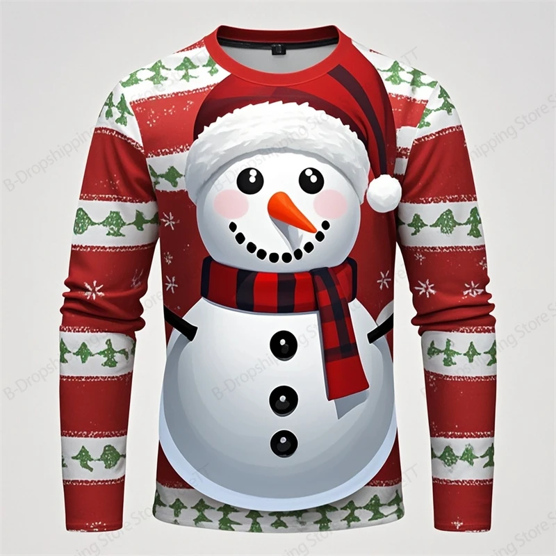 Men\'s Long Sleeve T-shirt 3d Christmas Snowman Print Tshirt Men Women Fashion Snowflake T shirt O-neck Loose Tops Tees Gifts