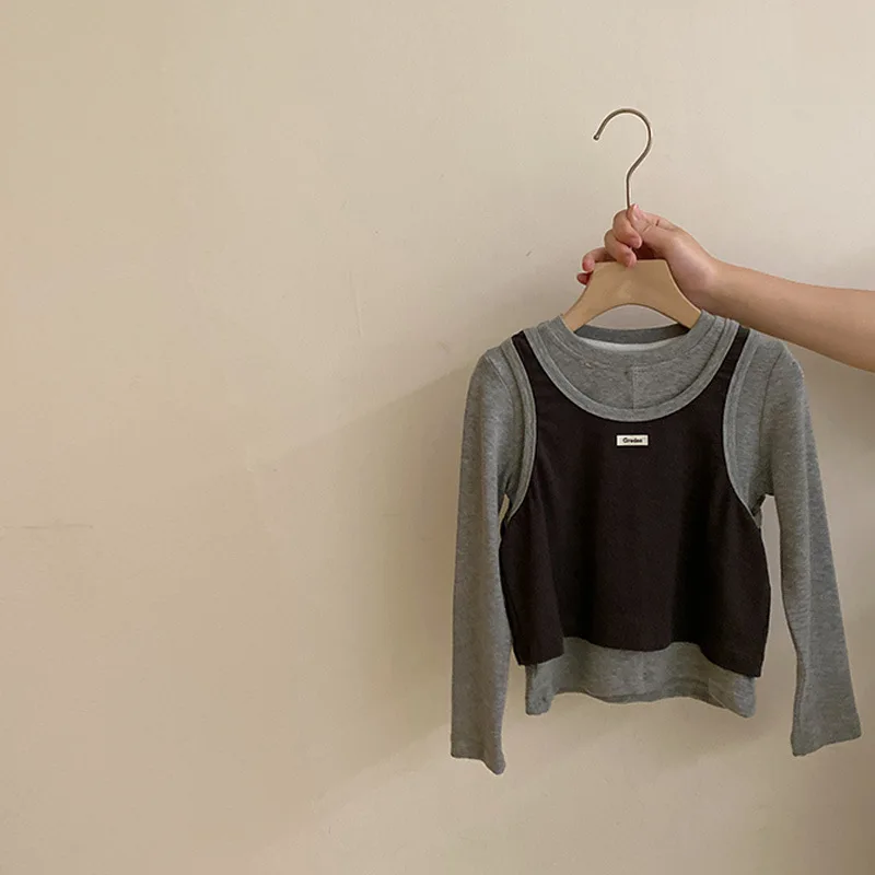 Girls' T-shirt Autumn New Korean Fashion Design Sense Fake Two-piece Top Casual Versatile Children Clothes
