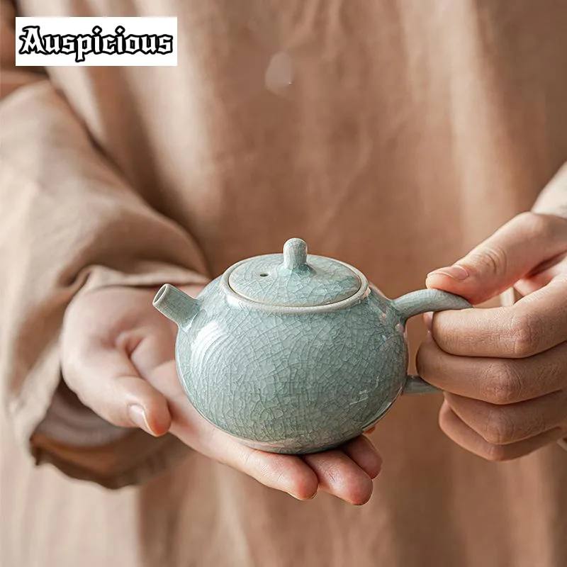 

Handmade Ru Kiln Porcelain Teapot Creative Ice Flower Opening Galze Xishi Pot Tea Making Filter Kettle Tea Ceremony Decoration