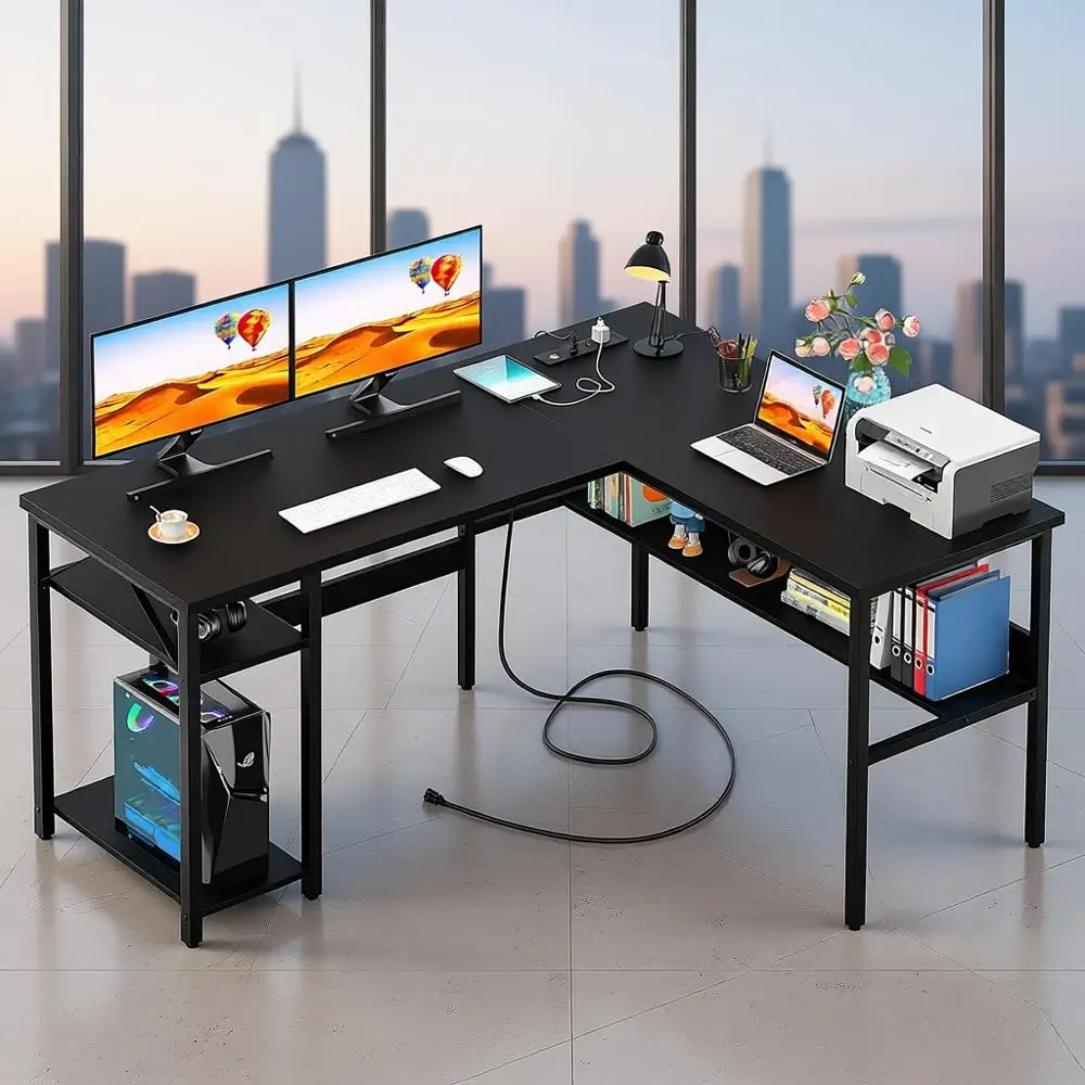 مكتب على شكل حرف L قابل للعكس مع منافذ طاقة سحرية ومنافذ USB، مكتب مكتب منزلي قوي للألعاب مع أرفف تخزين، سهل التركيب