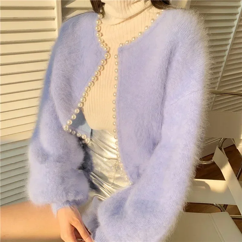 

Spring Autumn New Fashion Ladies Pearl Knit Lantern Sleeves Imitation Mink Fleece Sweater Cardigan Jacket Women Korean Style Y2k