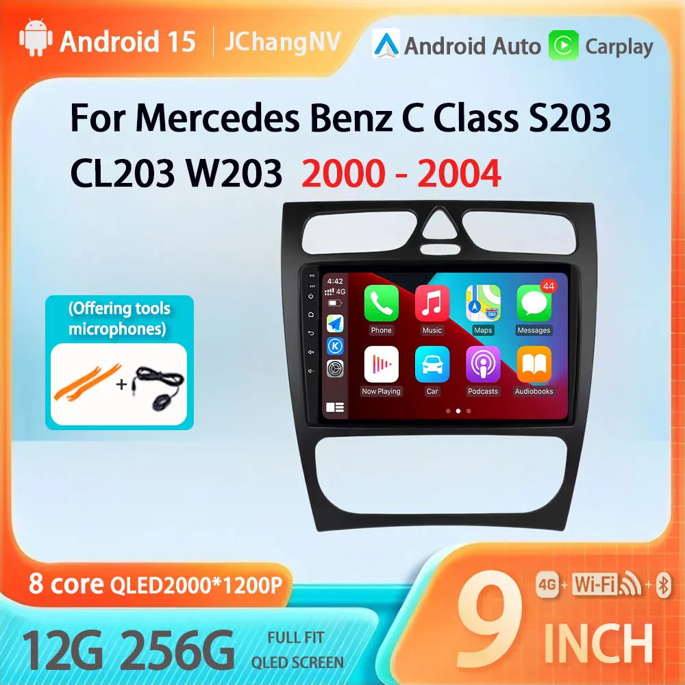 

9" Car Radio Android 15 For Mercedes Benz C Class S203 CL203 W203 2000 - 2004 Wireless Carplay Navigation 4G GPS Stereo