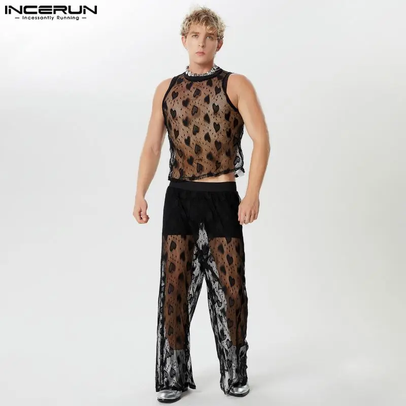 INCERUN 2024 American Style Stylish Sets New Men Love Lace Hollowed Out Vests Long Pants Sexy Casual Male Two-piece Sets S-5XL