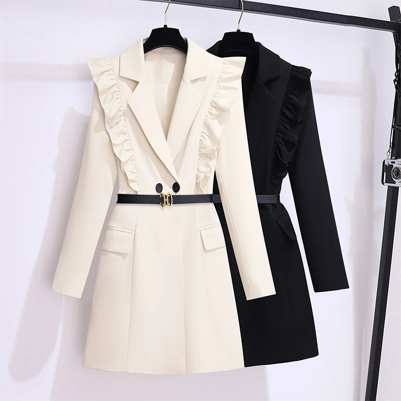 

SuperAen 2024 Ruffled Long Sleeved Suit Dress Autumn Winter Outfit and Belt Blazer Dress