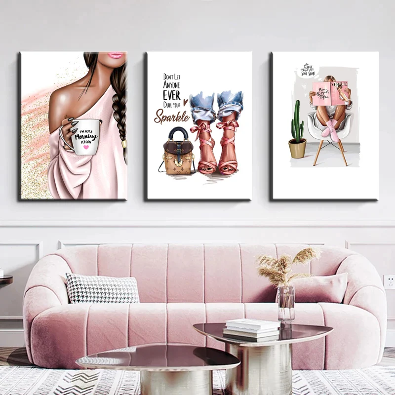 Nordic Wall Art Canvas Painting Girl High Heels Handbag Nail Polish Wallpaper Picture Living Room Home Decor Print Fashion