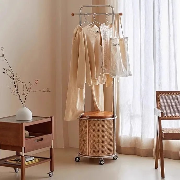 

Solid wood rattan hanger floor-to-ceiling removable bedroom bedside cabinet storage, clothing hanger, dirty clothes