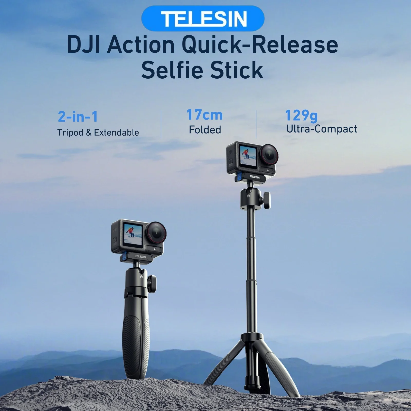 TELESIN Mini Rotatable Selfie Stick Tripod for DJI OSMO 360 Action 5 Pro 4 3 Accessories Quick-Release Portable Selfie Stick