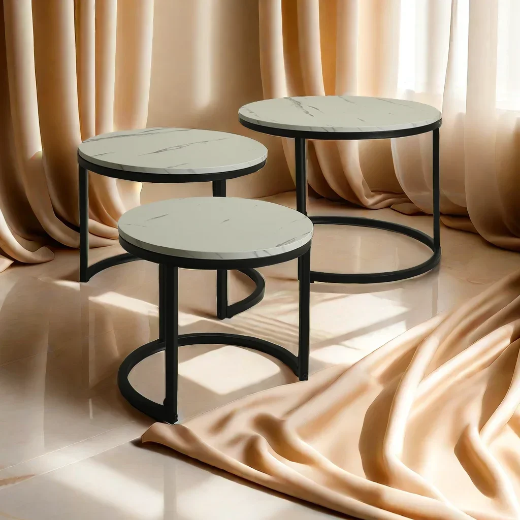 

-Factory Wood End Table for Living Room Side Tables With Metal Frame Round 3 PC Nesting Coffee Table Set of 3