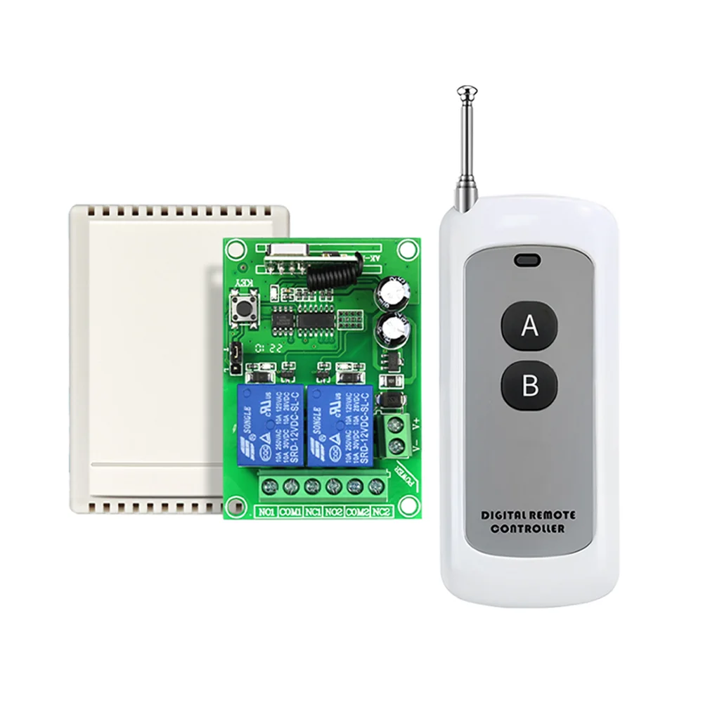 Universal 433MHz DC12V White 2 CH Smart Remote Control Switch  2 Keys 1000m RF Wireless Controller Learning Code for Garage Door