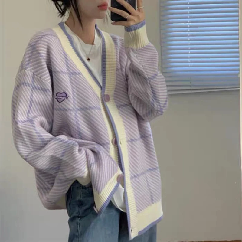 

Gidyq Fashion Women Plaid Sweater Autumn Korean Casual Loose Cardigan Knitted Coats Female All Match Patchwork Jacket New