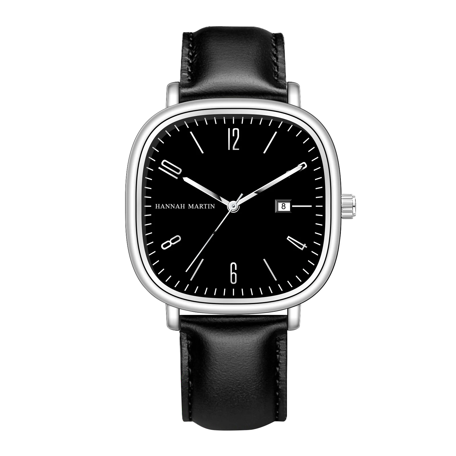 Hannah Martin Brand Men Watch 3Bar Waterproof Black Leather Square Quartz Movement Business Clock Casual Dropshipping Wristwatch