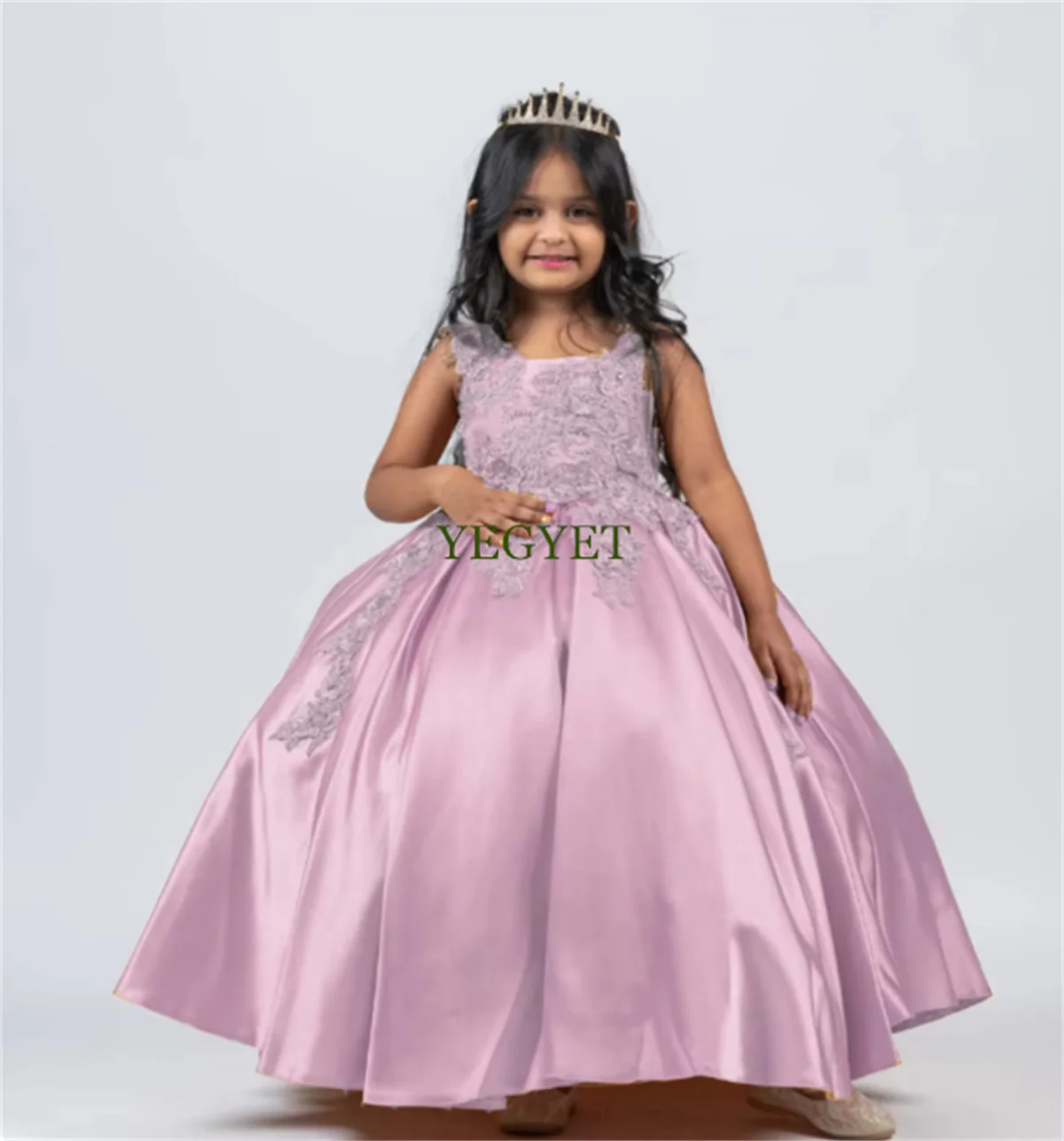 CustomGold Elegant Blusher Powder Flower Girl Dress Embroidered Satin Fabric Baby Kids Princess Birthday Wedding Party Holiday G