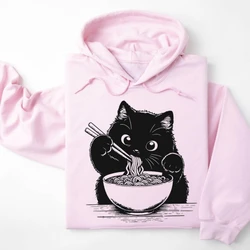 Noodle Cat Black Cat Ramen Gift for Mom Printed Hoodie Cat Lover Gift Kawaii Hoodie Foodie Lover Hoodie Casual Style