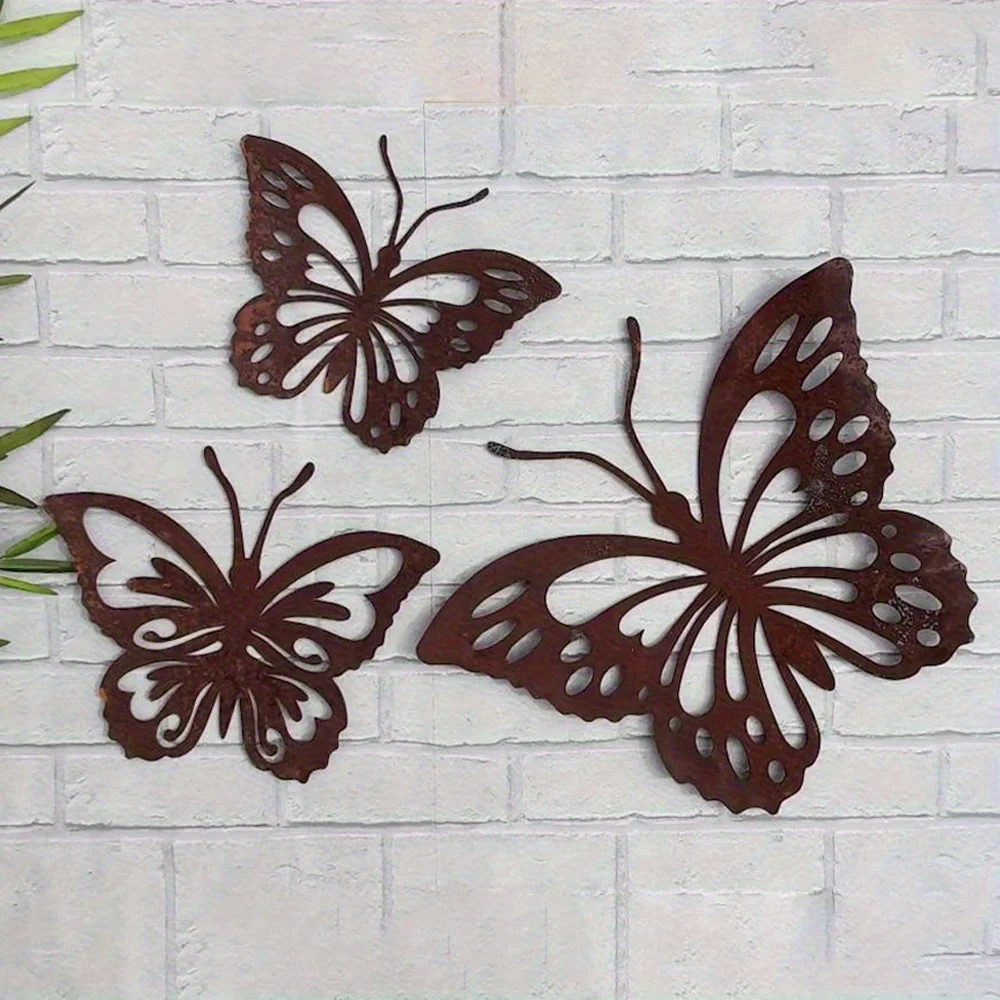 Rustic 3pcs Set of Natural Rust Metal Butterfly Decor, Iron Art Wall Sculpture for Indoor and Outdoor Use, Garden Butterfly