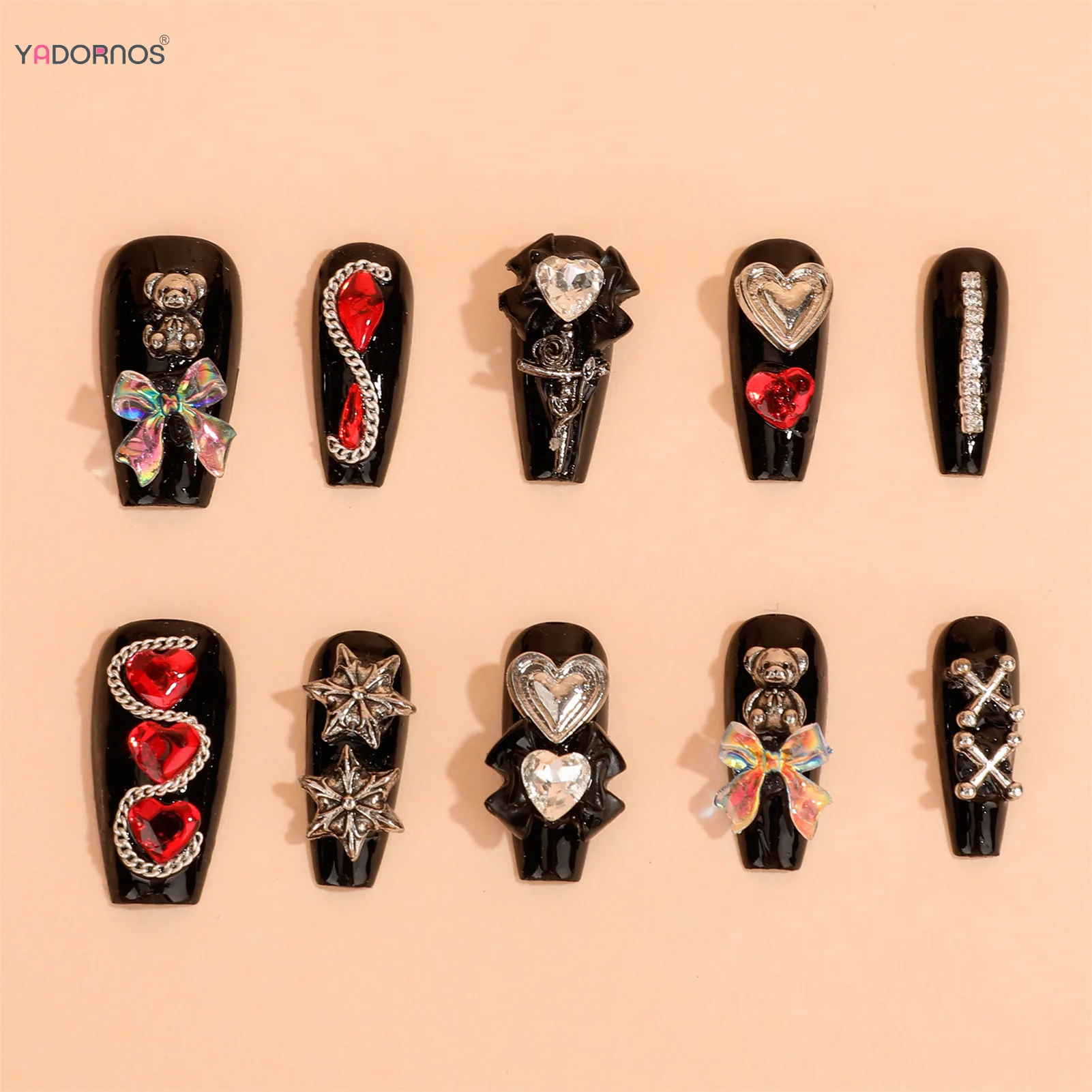 Uñas postizas de estilo gótico para mujer, uñas postizas hechas a mano con diamantes de imitación, diseño de lazo, manicura usable para fiesta, color negro, 10 piezas