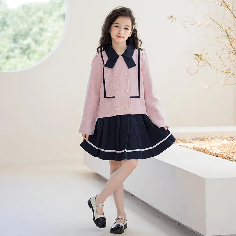 Korean Spring Autumn Junior Girl 2PCS Clothes Set School Girl Bow Collar Double-breasted Buckle Coats+Pleated Skirt girls set