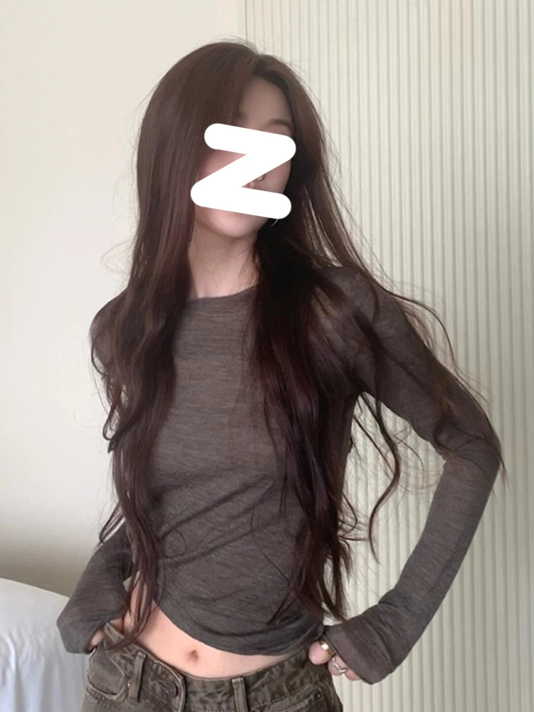 

Retro American ey Long Sve Women's T-irt Spring Autumn Base Layer ort Fit Versatile Top Commute Sle Pure Color