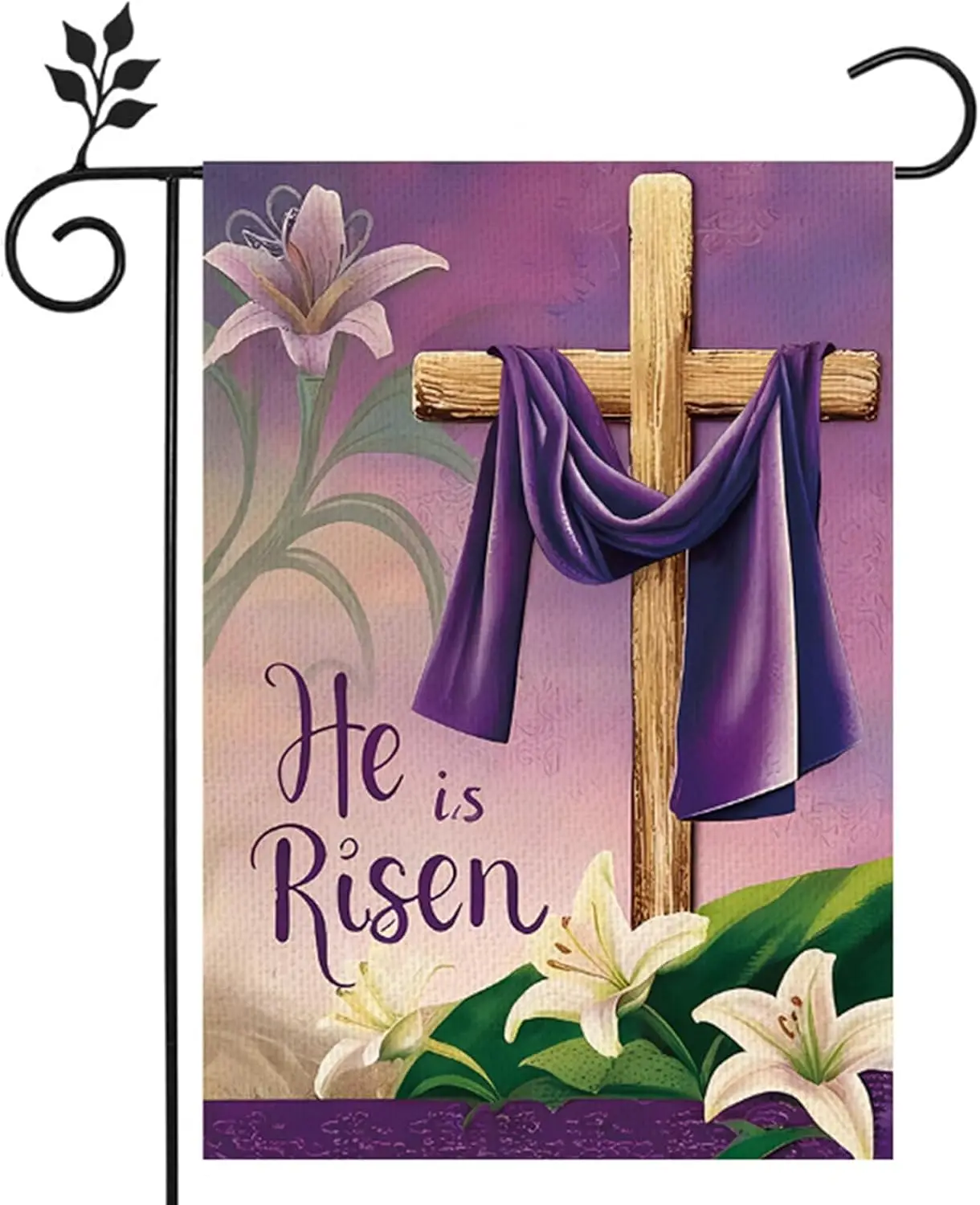 He is Risen Spring Easter Small Garden Flag 12 x 18 Inches Vertical Double Sided Burlap Purple Lilies Resurrection Theme Yar EEZ