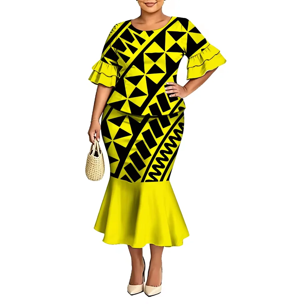 Hot Plus Women Puletasi 2 Piece Set Black Blue Polynesian Tribal Print Ruffle Short Sleeve Top Mermaid Skirt Outfit