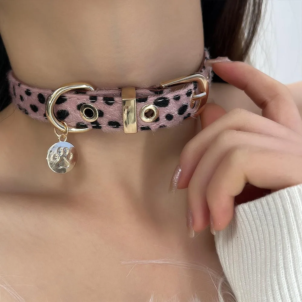 Sexy Girls Y2K Choker Jewelry Leopard Horsehair Women Necklace Punk Adjustable Leather Neck Strap Hiphop Party Collar Decoration