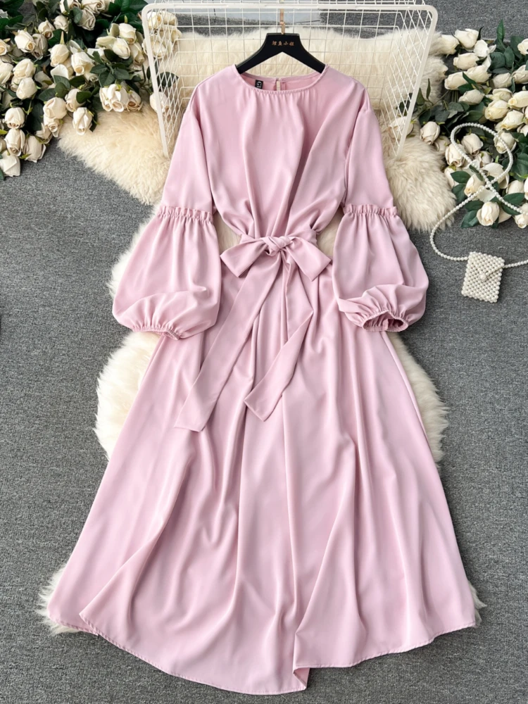 2024 French Vintage Long Dress Women Sweet Ruffles Bubble Sleeves Long Sleeve Casual Dresses Ladies Slim A-line Long Robe