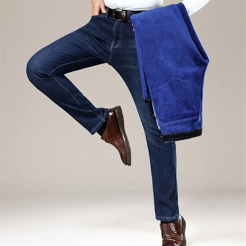 

2025 зимние теплые фланелевые эластичные джинсы, мужские качественные флисовые брюки, мужские прямые флокированные брюки, джинсы, большой размер 44