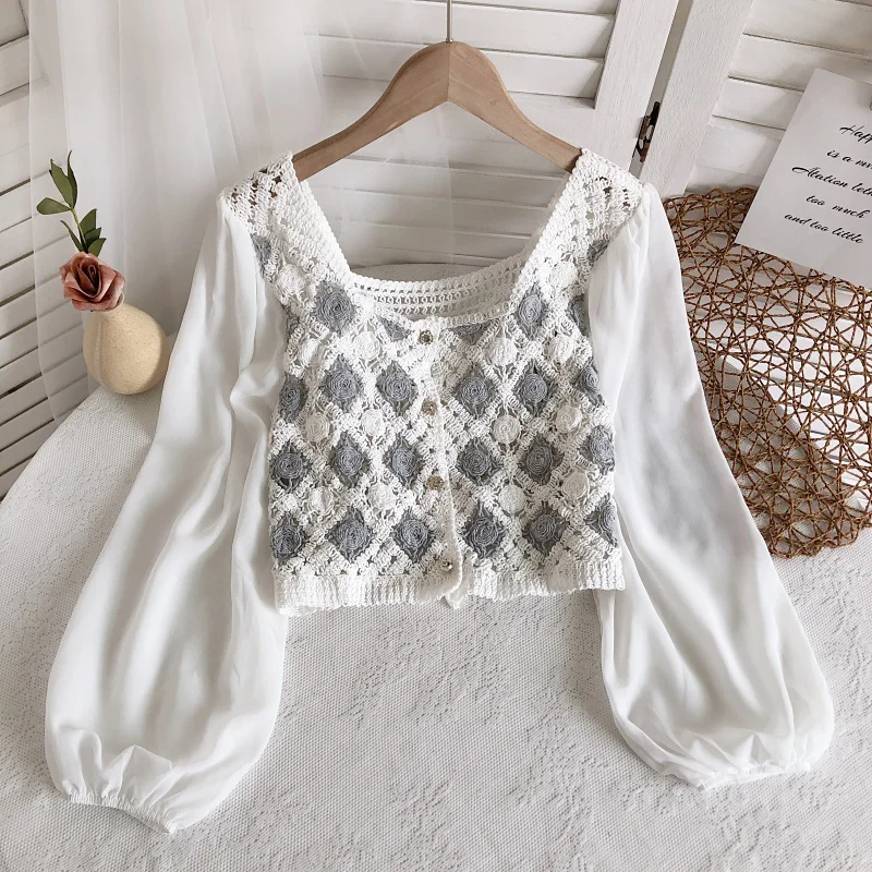 Geometric Embroidery Crochet Blouse with Chiffon Sleeve Button Front Cardigan Top Women Spring Summer Fairycore Cottagecore