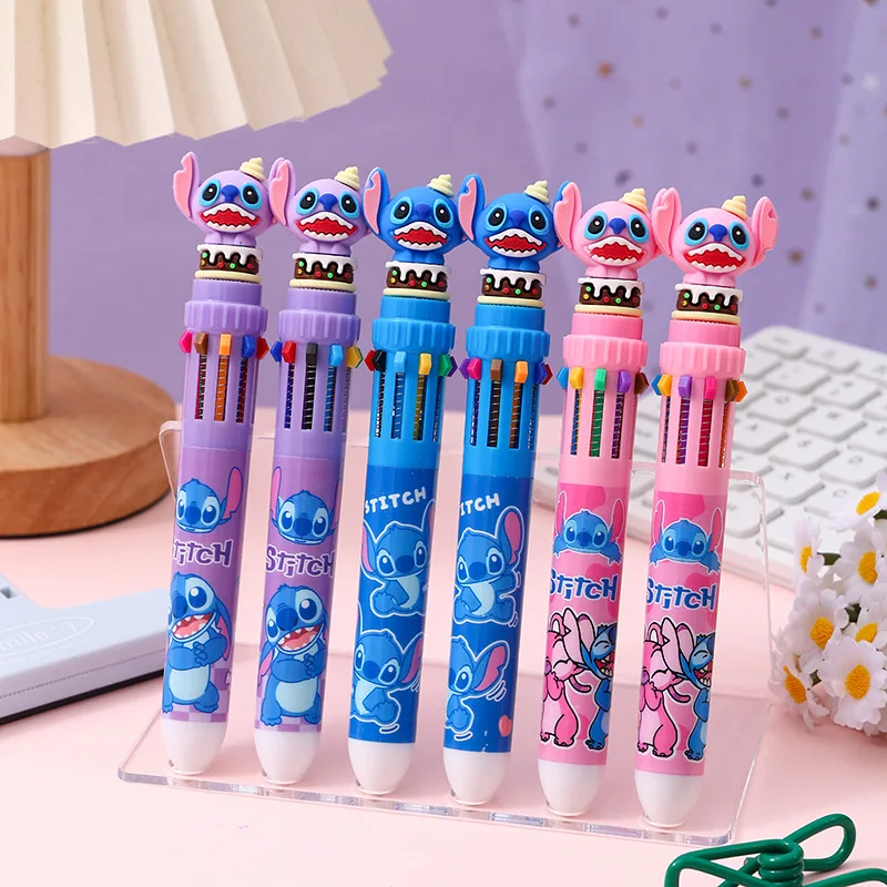 Lilo Stitch Penne a sfera a dieci colori Kawaii Stich Anime Pen Disney Accessori Materiale scolastico Apprendimento Regali di cancelleria per bambini