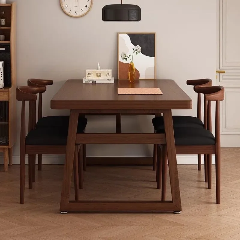 Commercial Restaurant Large Board Dining Table Walnut Rectangular Fast Food Snack Bar 1 Table 4 Chairs