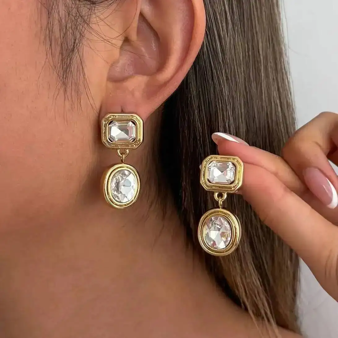 SHIXIN 18K Gold Plated Stainless Steel Geometric White Zircon Drop Earring Hypoallergenic Temperament Trendy Charm Women Jewelry