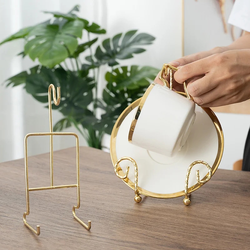 Coffee Tea Cup Holder Saucer Bird Gilded Golden Iron Storage 2 Layer 6 Hooks Mug Rack Drying Hanging Shelf Kitchen Display