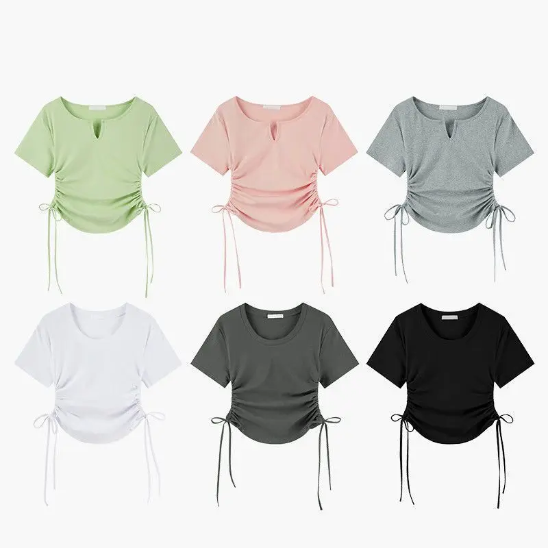 Sexy Drawstring Ruched V-neck Tshirt Women Short Sleeve Solid T Shirt Casual Tank Tops Fashion Crop Top Lady Summer Streetwear