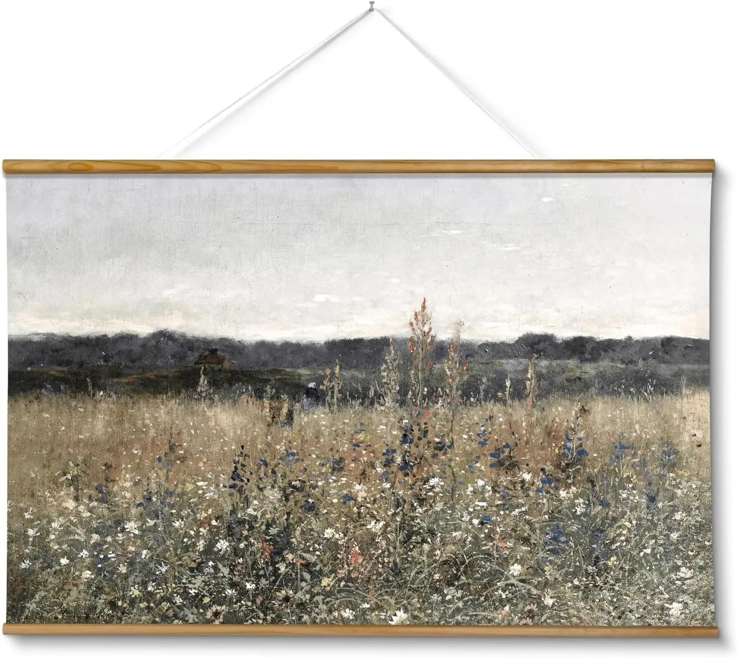 

Очень большой винтажный картина в раме, 36x54 дюйма, пейзаж с цветочным лугом, печать на холсте для декора гостиной и спальни