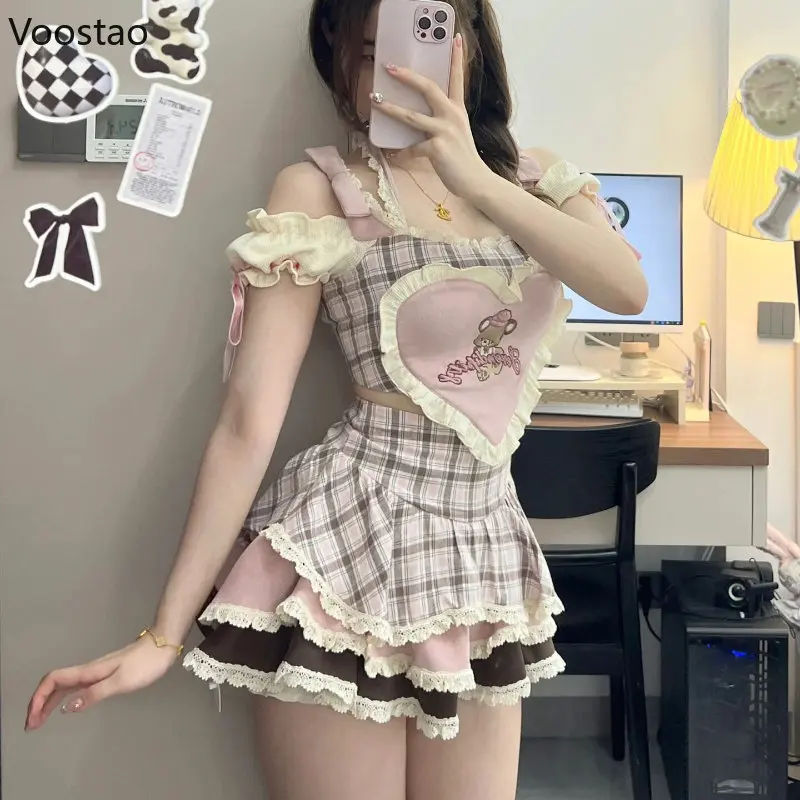 Imagem -02 - Conjuntos de Saias Lolita Doces para Mulheres Top de Blusa Bordado Urso Bonito dos Desenhos Animados Mini Saia Xadrez Terno Kawaii para Meninas Conjunto de Peças Verão