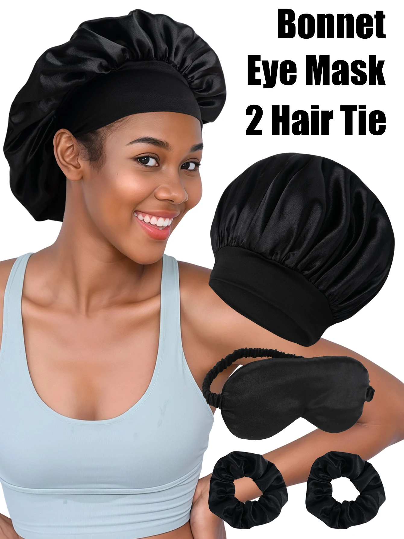 Elegante conjunto de gorro de dormir con lazo de mariposa para damas, con antifaz y lazo para el pelo, gorro de dormir elástico multiusos para baño/ducha F