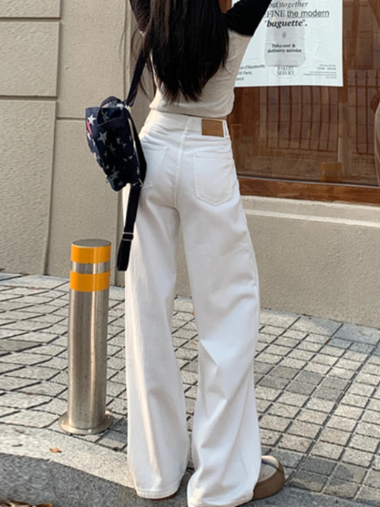 QWEEK White Wide Leg Jeans Women High Waist Office Lady Loose Casual Trousers 90s Vintage Streetwear Baggy Korean Fashion Pants