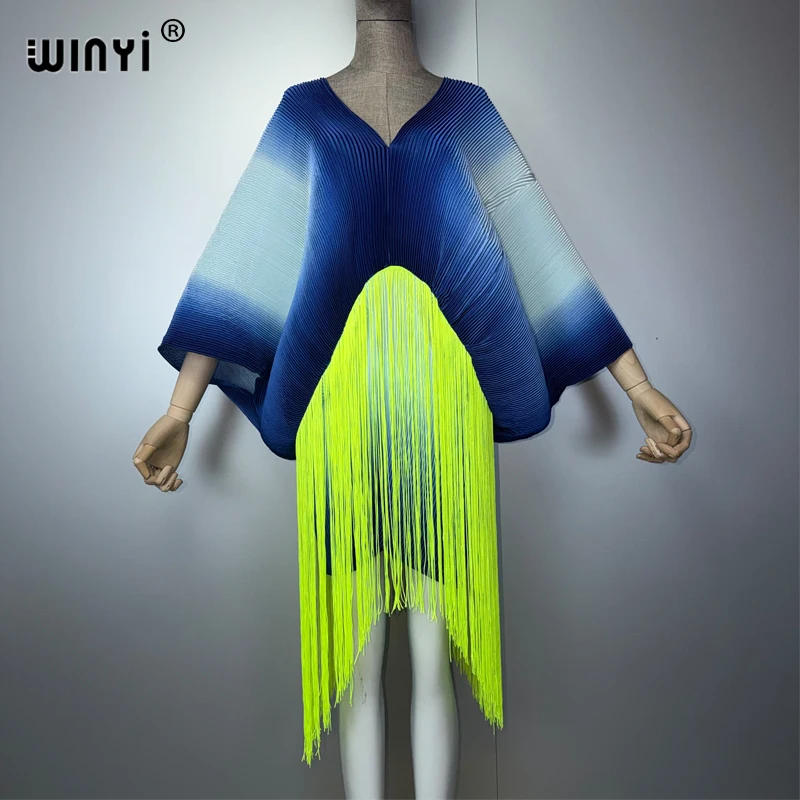 WINYI Gradual tassel Elastic slim dress Women crumple Design Loose boho robe holiday Party Elegant Pleated dress party dress